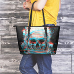 Digital Glitch Astronaut Skull Print Leather Tote Bag