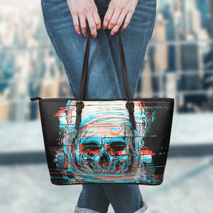 Digital Glitch Astronaut Skull Print Leather Tote Bag