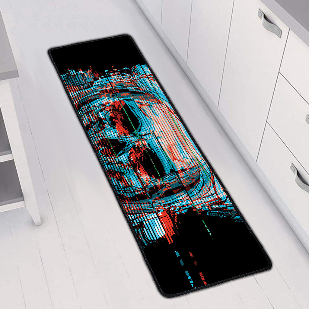 Digital Glitch Astronaut Skull Print Long Kitchen Mat