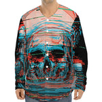 Digital Glitch Astronaut Skull Print Long Sleeve Baseball Jersey