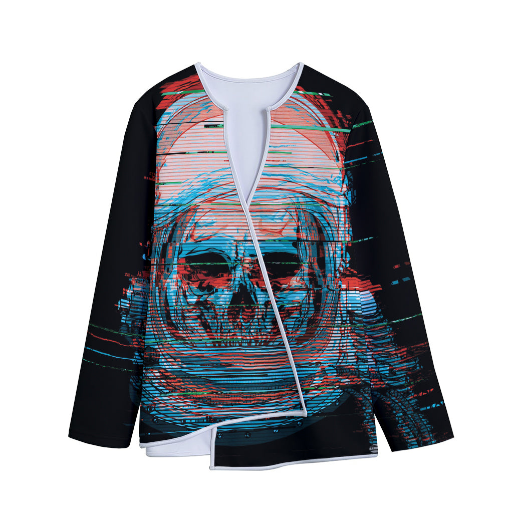 Digital Glitch Astronaut Skull Print Long Sleeve Short Coat