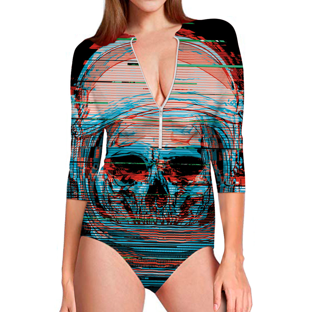 Digital Glitch Astronaut Skull Print Long Sleeve Swimsuit