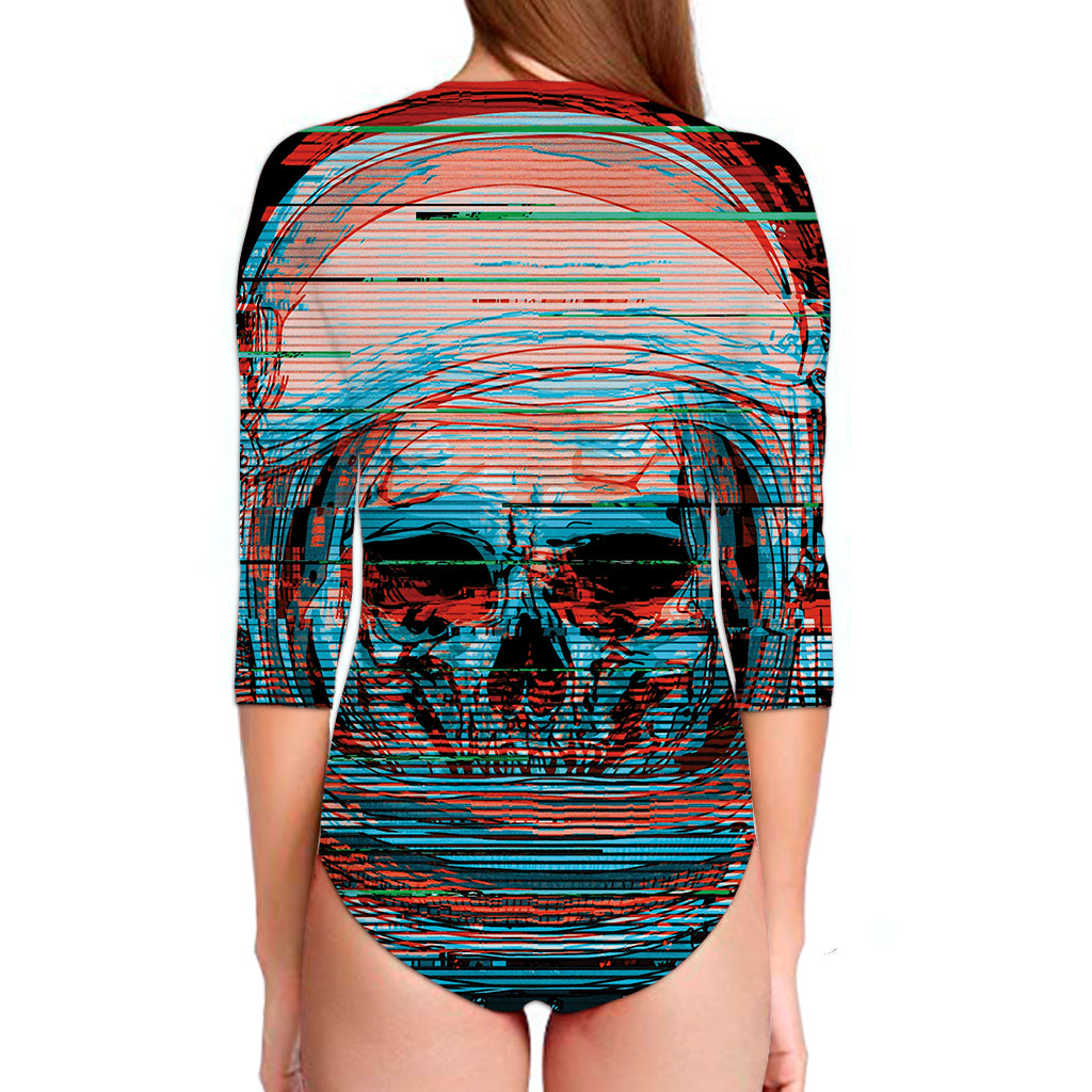 Digital Glitch Astronaut Skull Print Long Sleeve Swimsuit