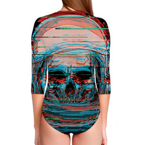 Digital Glitch Astronaut Skull Print Long Sleeve Swimsuit