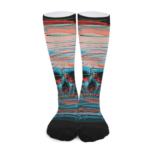 Digital Glitch Astronaut Skull Print Long Socks