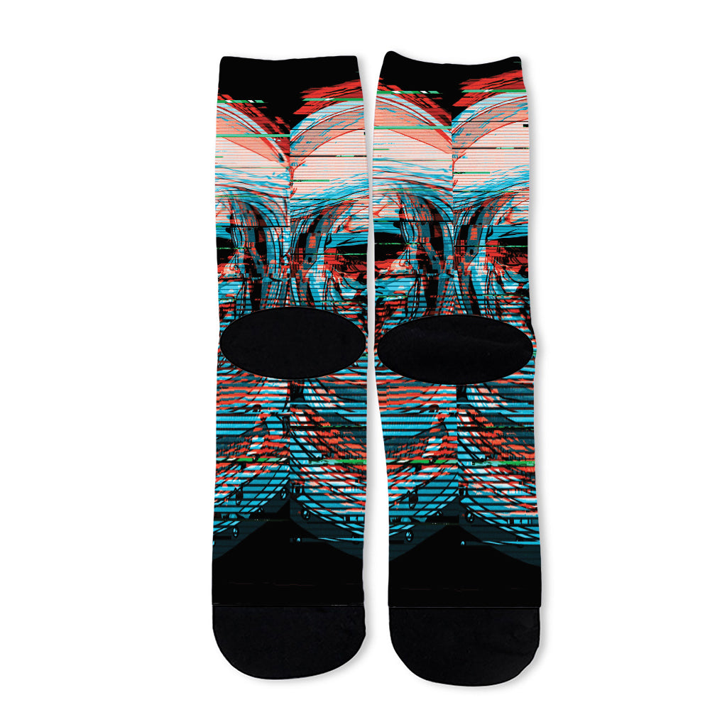 Digital Glitch Astronaut Skull Print Long Socks
