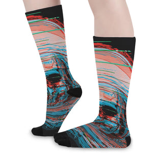 Digital Glitch Astronaut Skull Print Long Socks