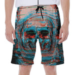 Digital Glitch Astronaut Skull Print Men's Beach Shorts