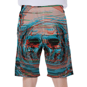 Digital Glitch Astronaut Skull Print Men's Beach Shorts