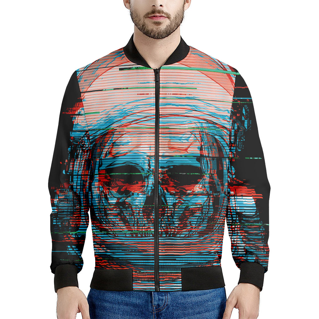 Digital Glitch Astronaut Skull Print Men's Bomber Jacket