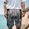 Digital Glitch Astronaut Skull Print Men's Cargo Shorts