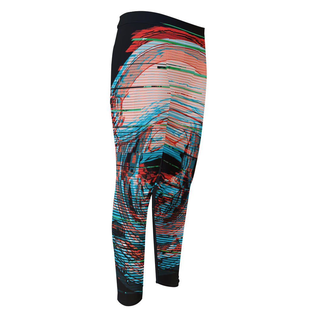 Digital Glitch Astronaut Skull Print Men's Compression Pants