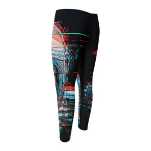 Digital Glitch Astronaut Skull Print Men's Compression Pants