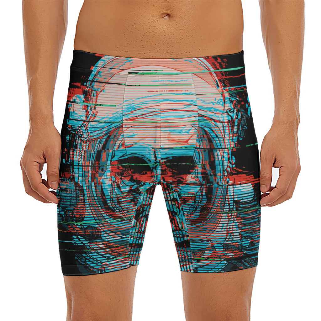 Digital Glitch Astronaut Skull Print Men's Long Boxer Briefs