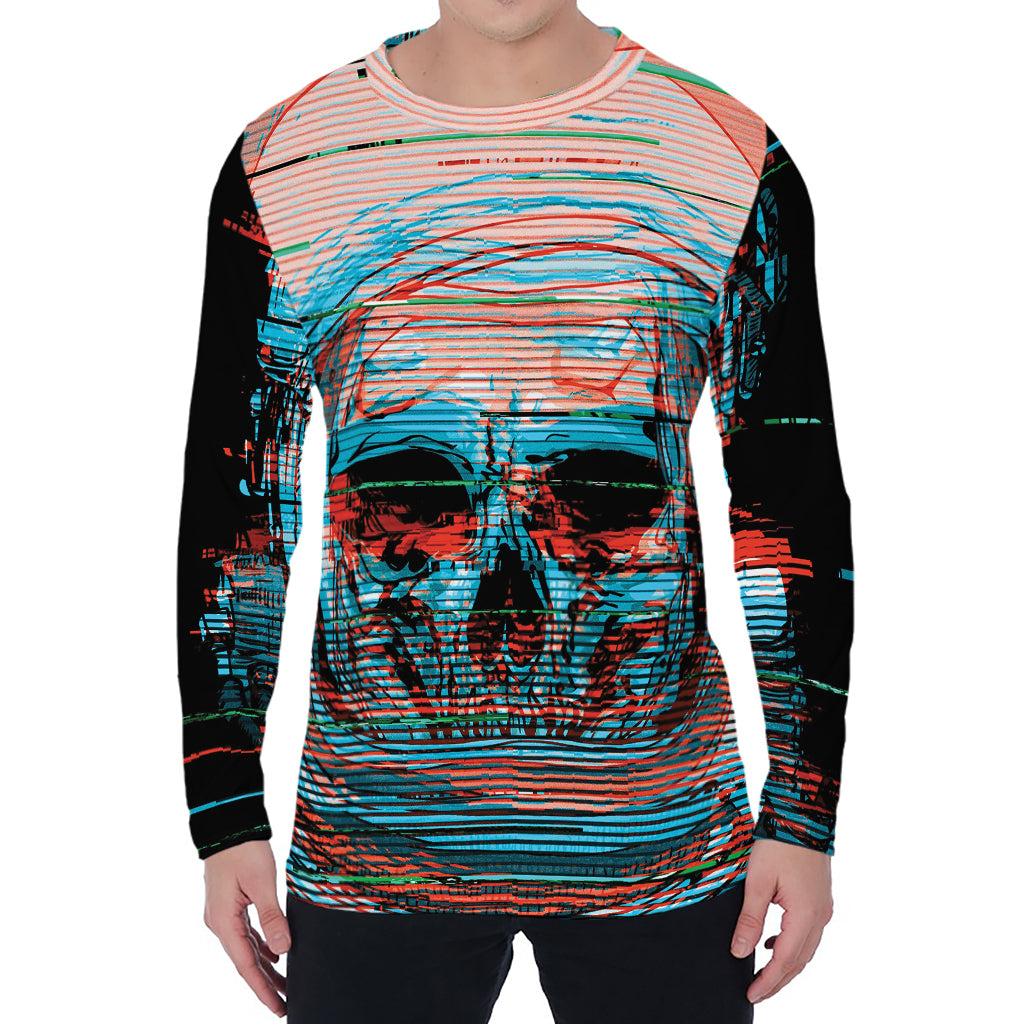 Digital Glitch Astronaut Skull Print Men's Long Sleeve T-Shirt