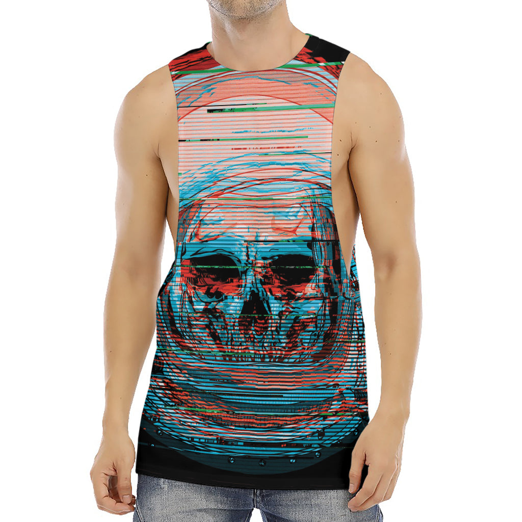 Digital Glitch Astronaut Skull Print Men's Muscle Tank Top