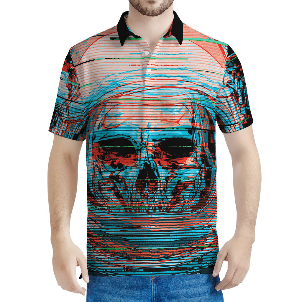 Digital Glitch Astronaut Skull Print Men's Polo Shirt