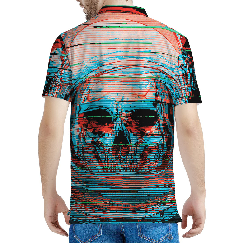 Digital Glitch Astronaut Skull Print Men's Polo Shirt