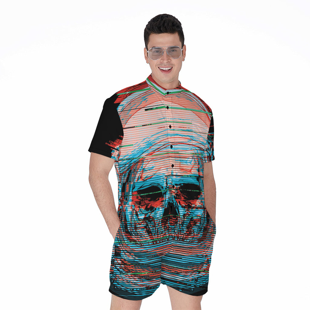 Digital Glitch Astronaut Skull Print Men's Rompers