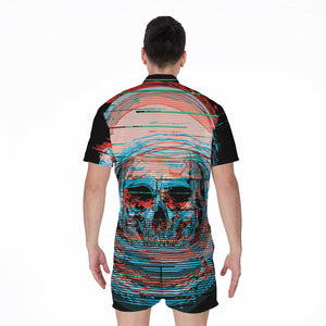 Digital Glitch Astronaut Skull Print Men's Rompers