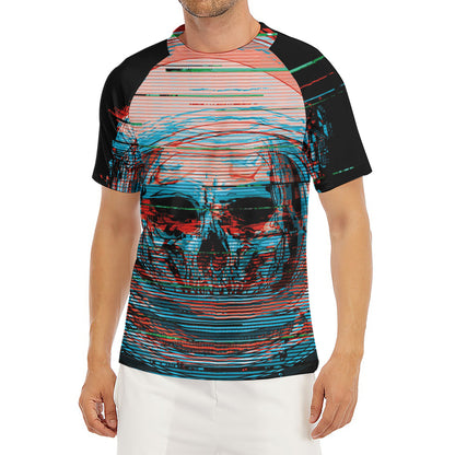 Digital Glitch Astronaut Skull Print Men's Short Sleeve Rash Guard