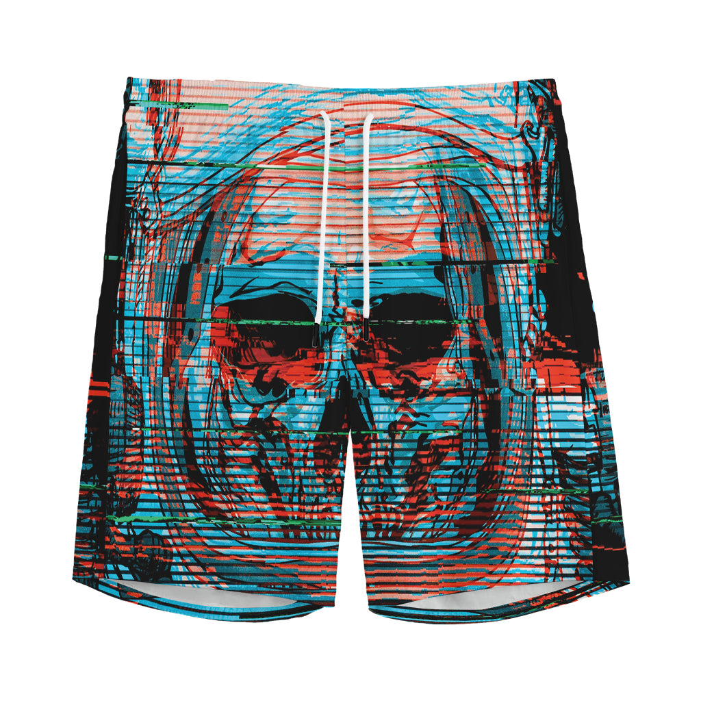 Digital Glitch Astronaut Skull Print Men's Sports Shorts