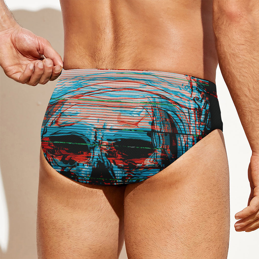 Digital Glitch Astronaut Skull Print Men's Swim Briefs