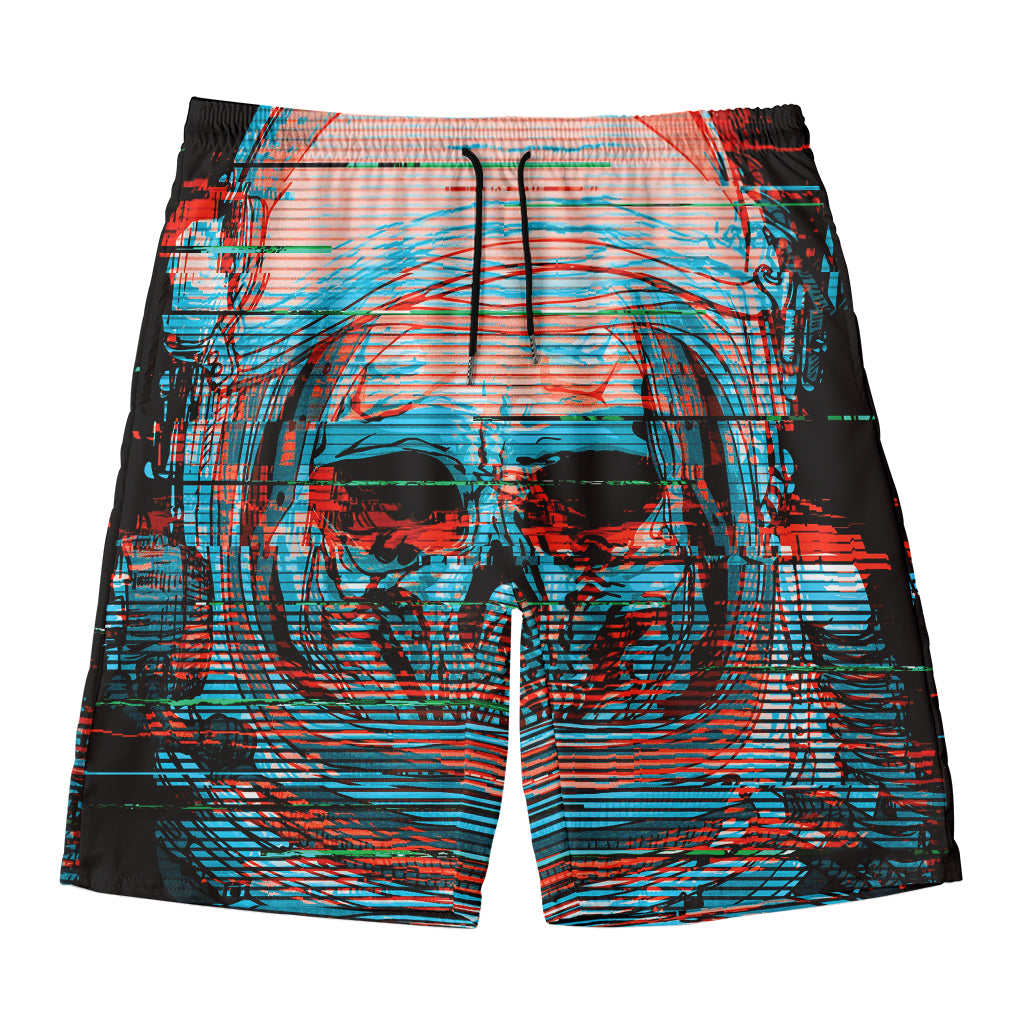 Digital Glitch Astronaut Skull Print Men's Swim Trunks