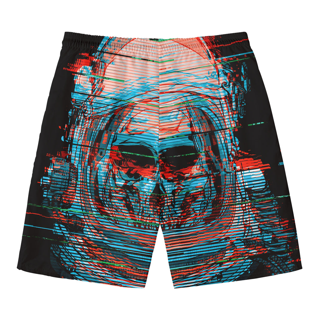 Digital Glitch Astronaut Skull Print Men's Swim Trunks