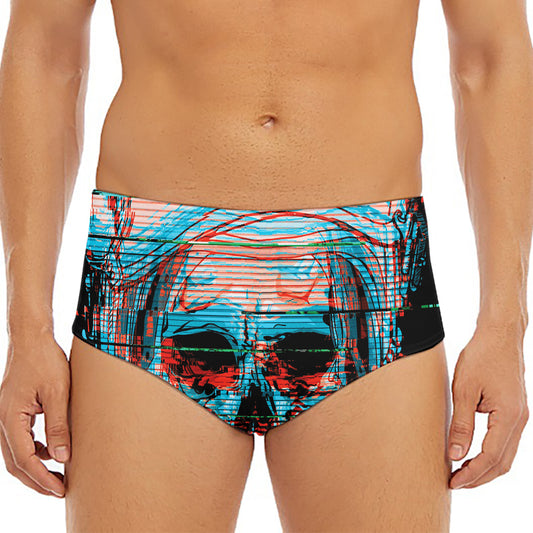 Digital Glitch Astronaut Skull Print Men's Triangle Swim Briefs