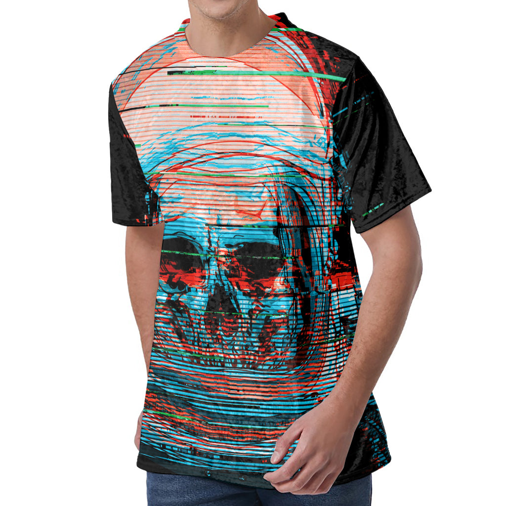 Digital Glitch Astronaut Skull Print Men's Velvet T-Shirt
