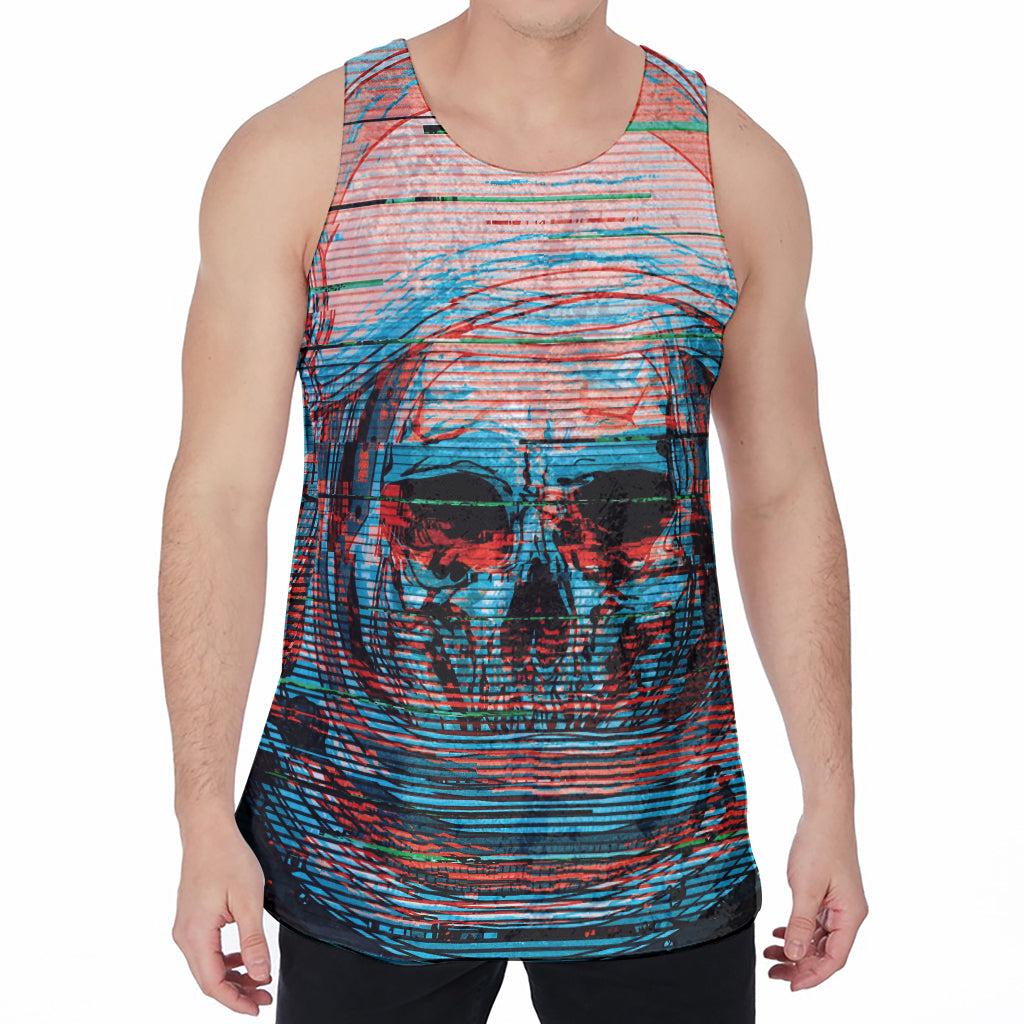 Digital Glitch Astronaut Skull Print Men's Velvet Tank Top