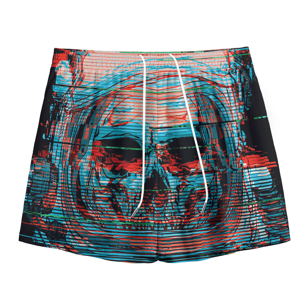 Digital Glitch Astronaut Skull Print Mesh Shorts