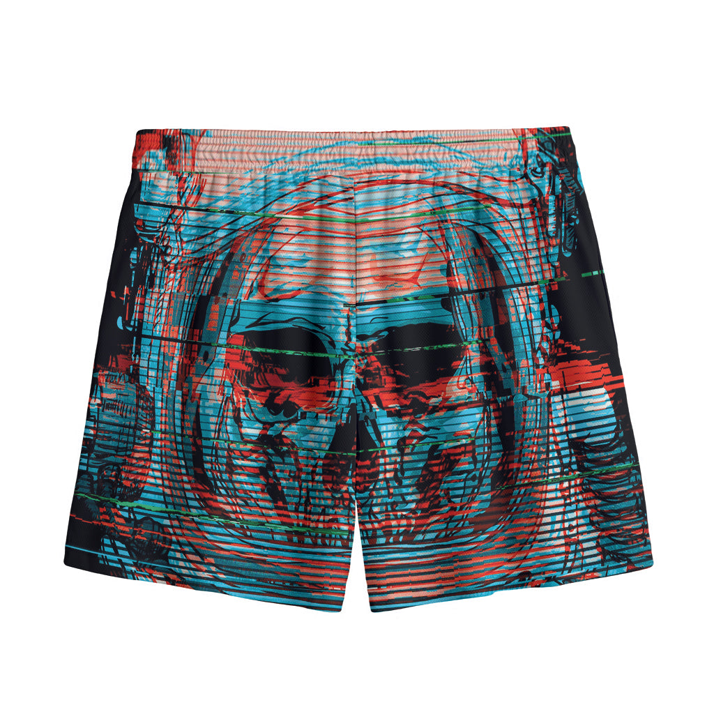 Digital Glitch Astronaut Skull Print Mesh Shorts