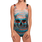 Digital Glitch Astronaut Skull Print One Piece Swimsuit