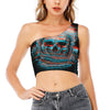 Digital Glitch Astronaut Skull Print One Shoulder Crop Top