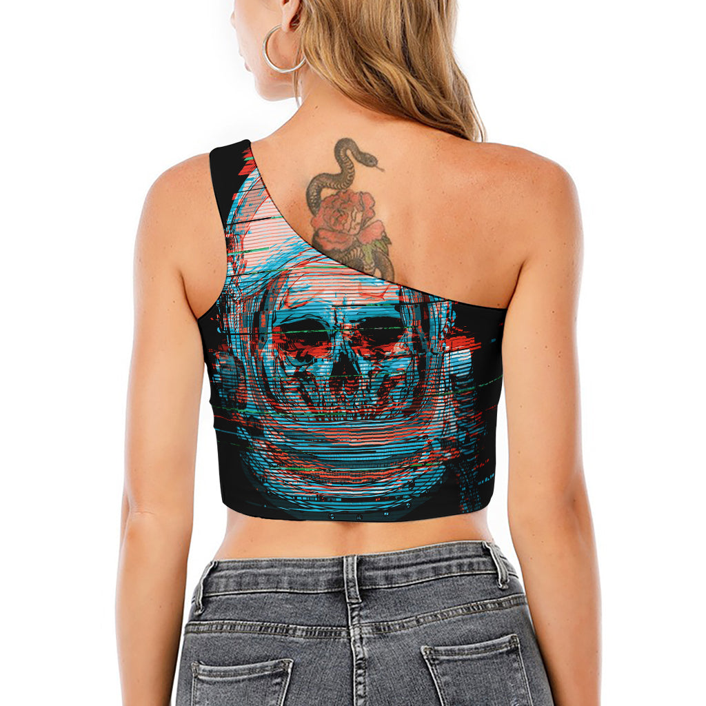 Digital Glitch Astronaut Skull Print One Shoulder Crop Top