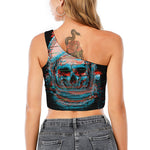 Digital Glitch Astronaut Skull Print One Shoulder Crop Top