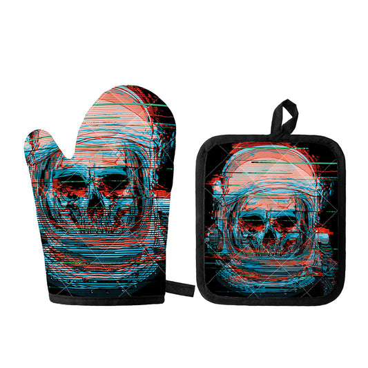 Digital Glitch Astronaut Skull Print Oven Mitt And Pot Holder Set