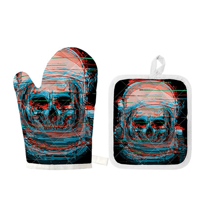 Digital Glitch Astronaut Skull Print Oven Mitt And Pot Holder Set