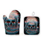 Digital Glitch Astronaut Skull Print Oven Mitt And Pot Holder Set
