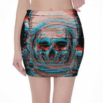 Digital Glitch Astronaut Skull Print Pencil Mini Skirt