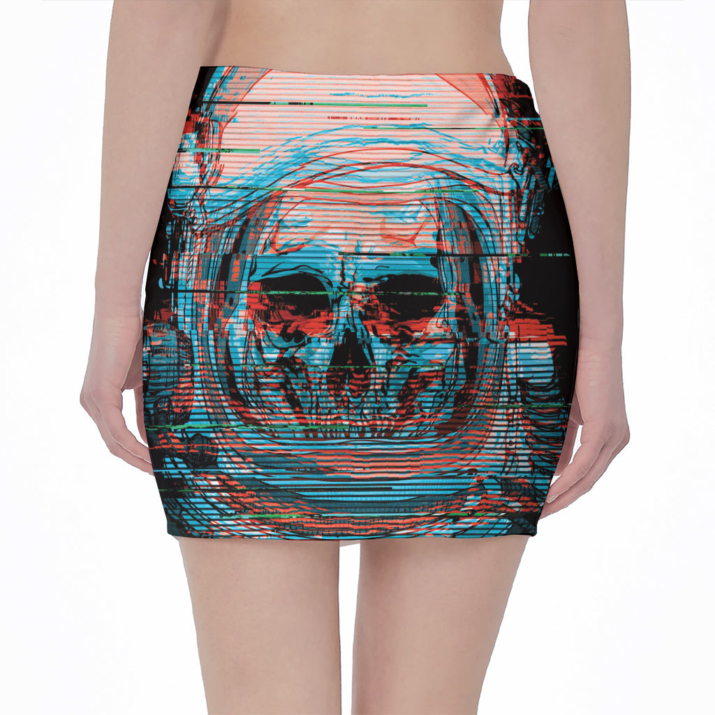 Digital Glitch Astronaut Skull Print Pencil Mini Skirt