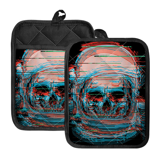Digital Glitch Astronaut Skull Print Pot Holders With Pocket