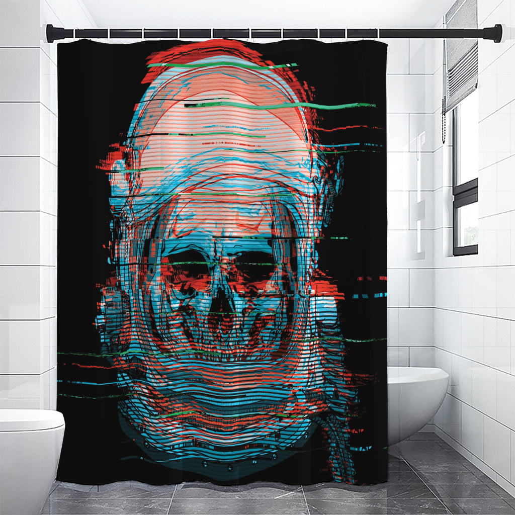 Digital Glitch Astronaut Skull Print Premium Shower Curtain