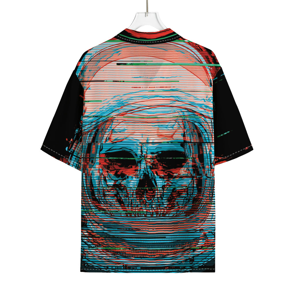 Digital Glitch Astronaut Skull Print Rayon Hawaiian Shirt