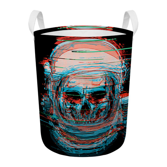 Digital Glitch Astronaut Skull Print Round Laundry Basket