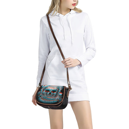 Digital Glitch Astronaut Skull Print Saddle Bag