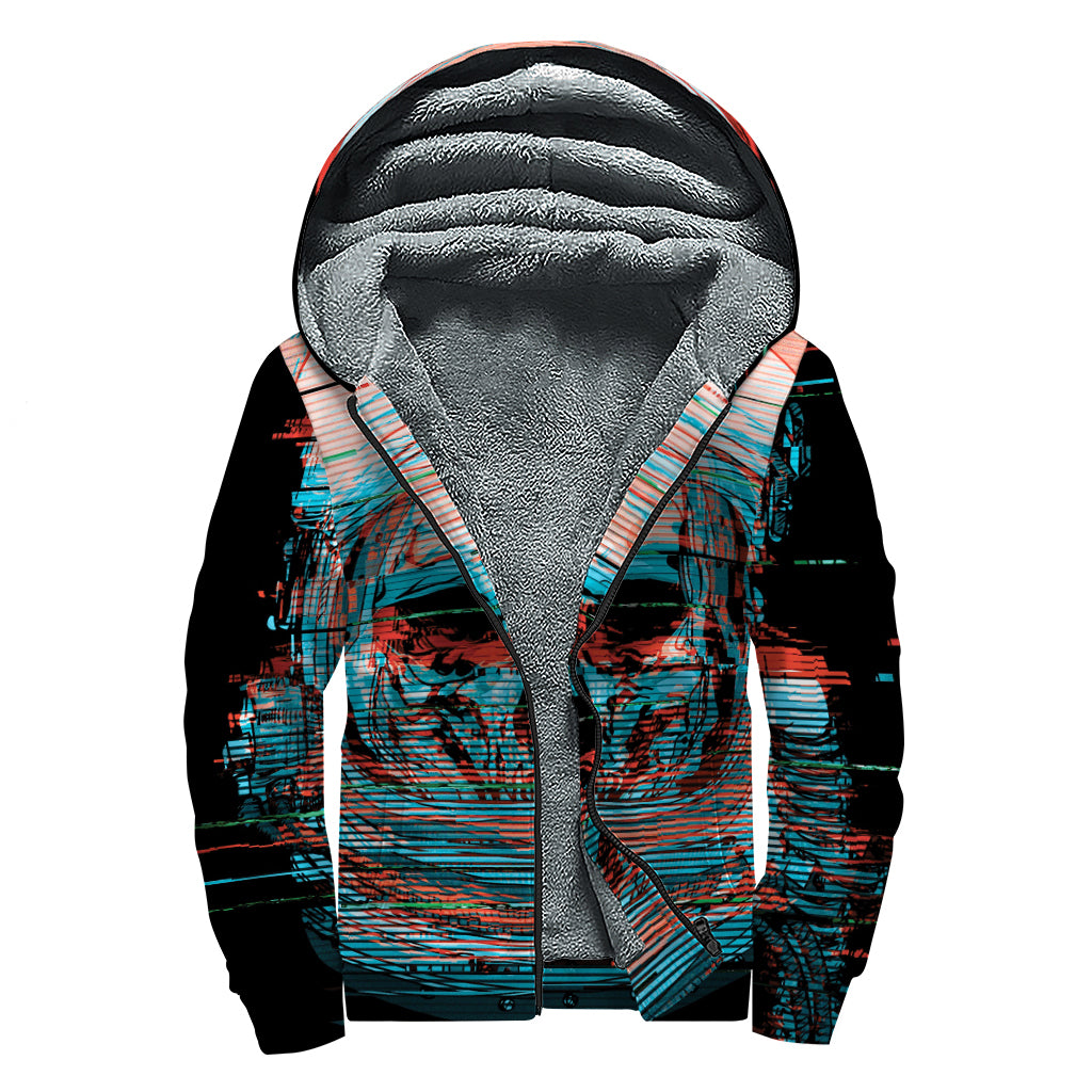 Digital Glitch Astronaut Skull Print Sherpa Lined Zip Up Hoodie