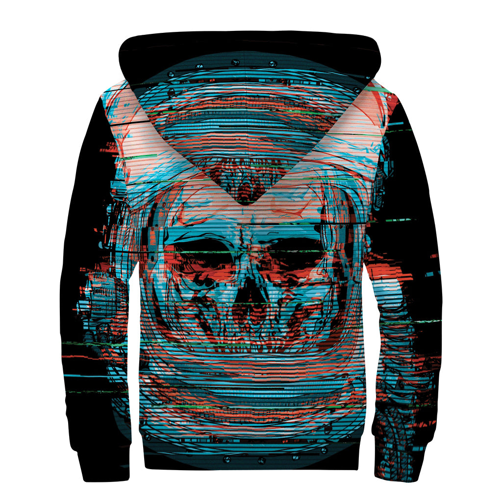 Digital Glitch Astronaut Skull Print Sherpa Lined Zip Up Hoodie